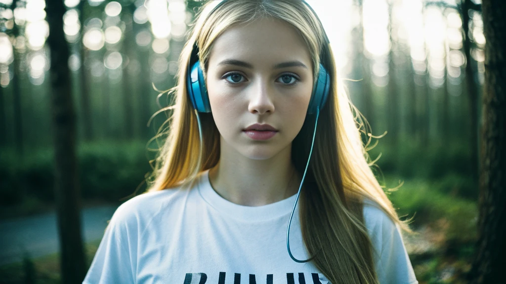 Beautiful blonde with big breasts in a T-shirt (Late night wilderness、walk),Wearing headphones,Very detailed, 21 years old, Innocent face, Long Straight Hair, blue eyes, High resolution, masterpiece, Highest quality, Intricate details, Very detailed, Clear focus, Delicate skin, practical skin texture, texture, Delicate eyes, Professional, 4K, Sad face,despair、 Shot with Canon, 85mm, Shallow and deep, Kodak Vision Color, Exactly, Very detailed, photograph_\(Extremist\), photographpractical, practical, Post-processing, Maximum details, Roughness, Real Life, Extremist practical, Photorealism, photographgraphy, 8K Ultra HD, photographgraphy