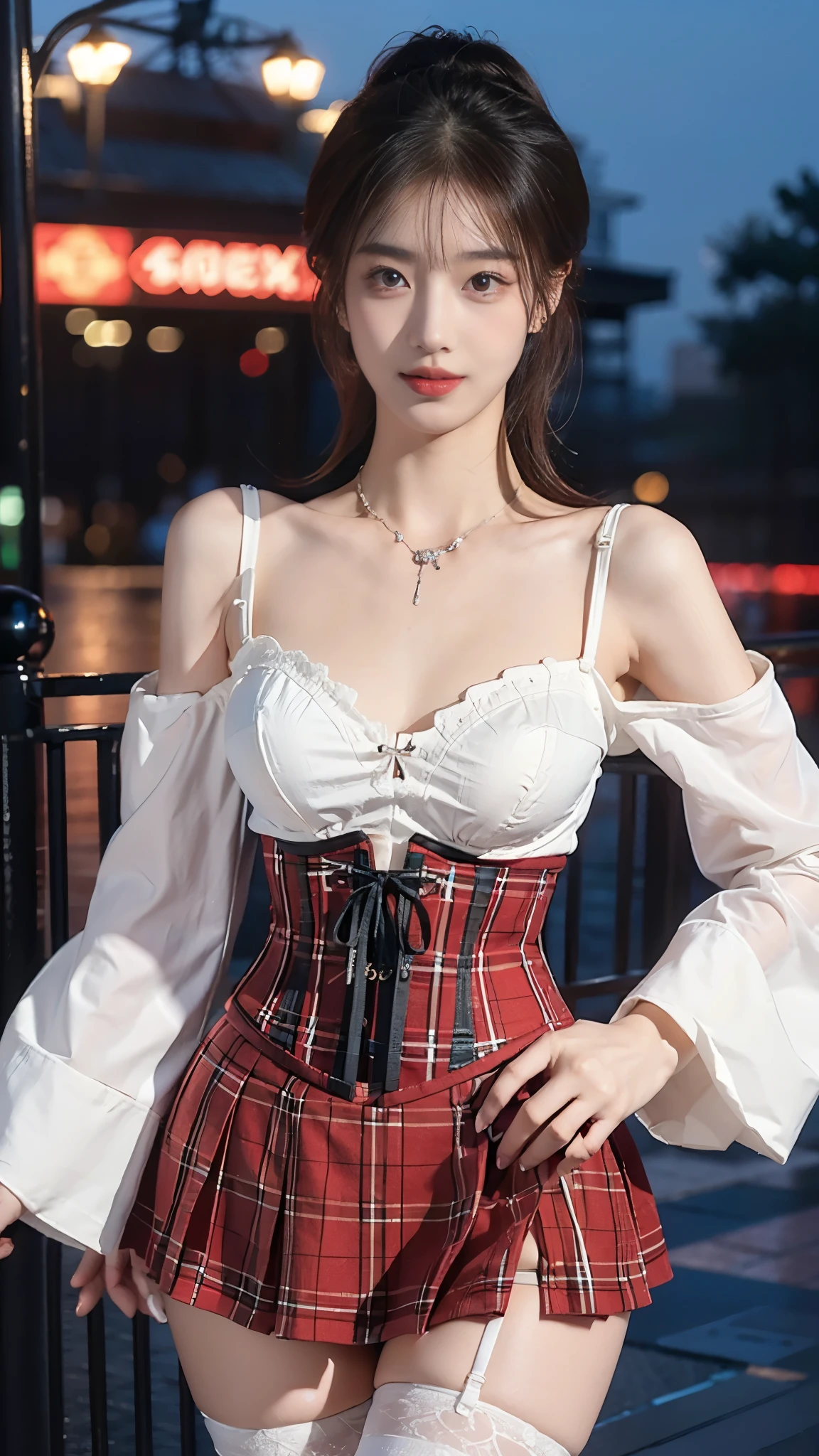 microskirt, thighhighs, red plaid skirt, red plaid corset, fishnets, short corset, midriff, statement sleeves, (1 Girl,Solitary), ((Big breasts)), expression, Clear face, Pretty Face, outdoor, Random scenes, Random shooting angles, 8K, masterpiece, original photo, best quality, detail:1.2,lifelike, detail, Very detailed, CG, Unite, wallpaper, Depth of Field, Movie Lighting, lens flare, Ray Tracing, (Extremely beautiful face, Beautiful lips, beautiful eyes), complex, detail的脸, ((ultra detailed skin)), 1 girl, in the darkness, Deep Shadows, Beautiful Korean girl, Korean Idol,(Very slim figure:1.3), Full breasts, Large Breasts, Slender sexy legs, Very beautiful legs, Elegant Posture, (A bright smile), (City night, (Neon), (night), Beautiful Korean girl, White Diamond Earrings, Bracelet diameter, Deya Necklace, Clear eyes, (big eyes)