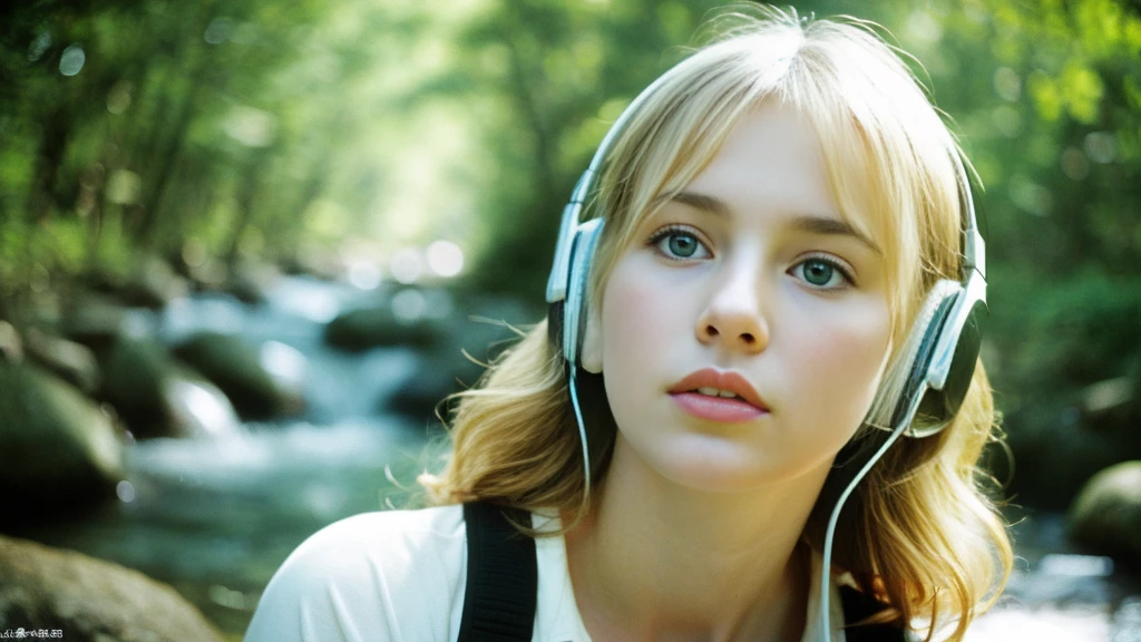Beautiful blonde with big breasts in a one-piece (wilderness、sit),Wearing headphones,Very detailed, 21 years old, Innocent face, Wavy Hair, blue eyes, High resolution, masterpiece, Highest quality, Intricate details, Very detailed, Clear focus, Delicate skin, practical skin texture, texture, Delicate eyes, Professional, 4K, Sad face,despair、 Shot with Canon, 85mm, Shallow and deep, Kodak Vision Color, Exactly, Very detailed, photograph_\(Extremist\), photographpractical, practical, Post-processing, Maximum details, Roughness, Real Life, Extremist practical, Photorealism, photographgraphy, 8K Ultra HD, photographgraphy
