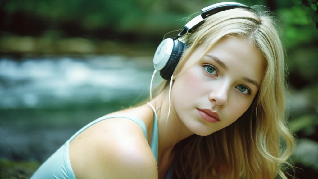 Beautiful blonde with big breasts in a one-piece (wilderness、sit),Wearing headphones,Very detailed, 21 years old, Innocent face, Wavy Hair, blue eyes, High resolution, masterpiece, Highest quality, Intricate details, Very detailed, Clear focus, Delicate skin, practical skin texture, texture, Delicate eyes, Professional, 4K, Sad face,despair、 Shot with Canon, 85mm, Shallow and deep,  Kodak Vision Color, Exactly, Very detailed, photograph_\(Extremist\), photographpractical, practical, Post-processing, Maximum details, Roughness, Real Life, Extremist practical, Photorealism, photographgraphy, 8K Ultra HD, photographgraphy