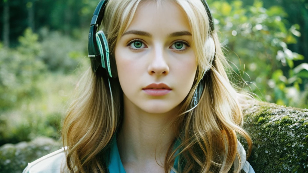 Beautiful blonde with big breasts in a one-piece (wilderness、sit),Wearing headphones,Very detailed, 21 years old, Innocent face, Wavy Hair, blue eyes, High resolution, masterpiece, Highest quality, Intricate details, Very detailed, Clear focus, Delicate skin, practical skin texture, texture, Delicate eyes, Professional, 4K, Sad face,despair、 Shot with Canon, 85mm, Shallow and deep,  Kodak Vision Color, Exactly, Very detailed, photograph_\(Extremist\), photographpractical, practical, Post-processing, Maximum details, Roughness, Real Life, Extremist practical, Photorealism, photographgraphy, 8K Ultra HD, photographgraphy