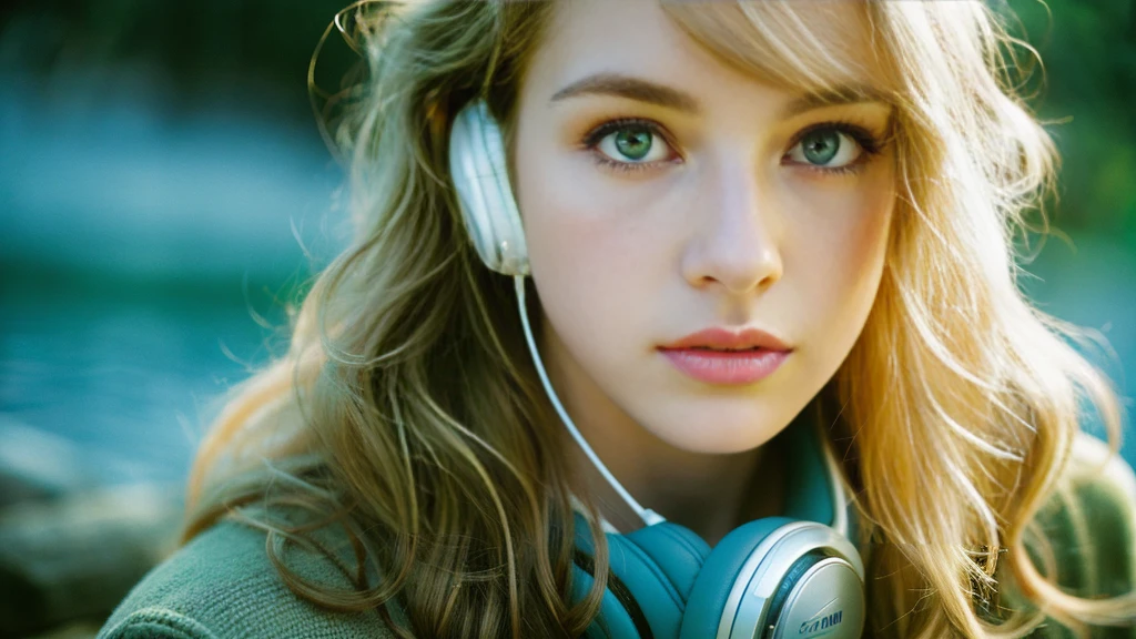 Beautiful blonde with big breasts in a one-piece (wilderness、sit),Wearing headphones,Very detailed, 21 years old, Innocent face, Wavy Hair, blue eyes, High resolution, masterpiece, Highest quality, Intricate details, Very detailed, Clear focus, Delicate skin, practical skin texture, texture, Delicate eyes, Professional, 4K, Sad face,despair、 Shot with Canon, 85mm, Shallow and deep, Kodak Vision Color, Exactly, Very detailed, photograph_\(Extremist\), photographpractical, practical, Post-processing, Maximum details, Roughness, Real Life, Extremist practical, Photorealism, photographgraphy, 8K Ultra HD, photographgraphy