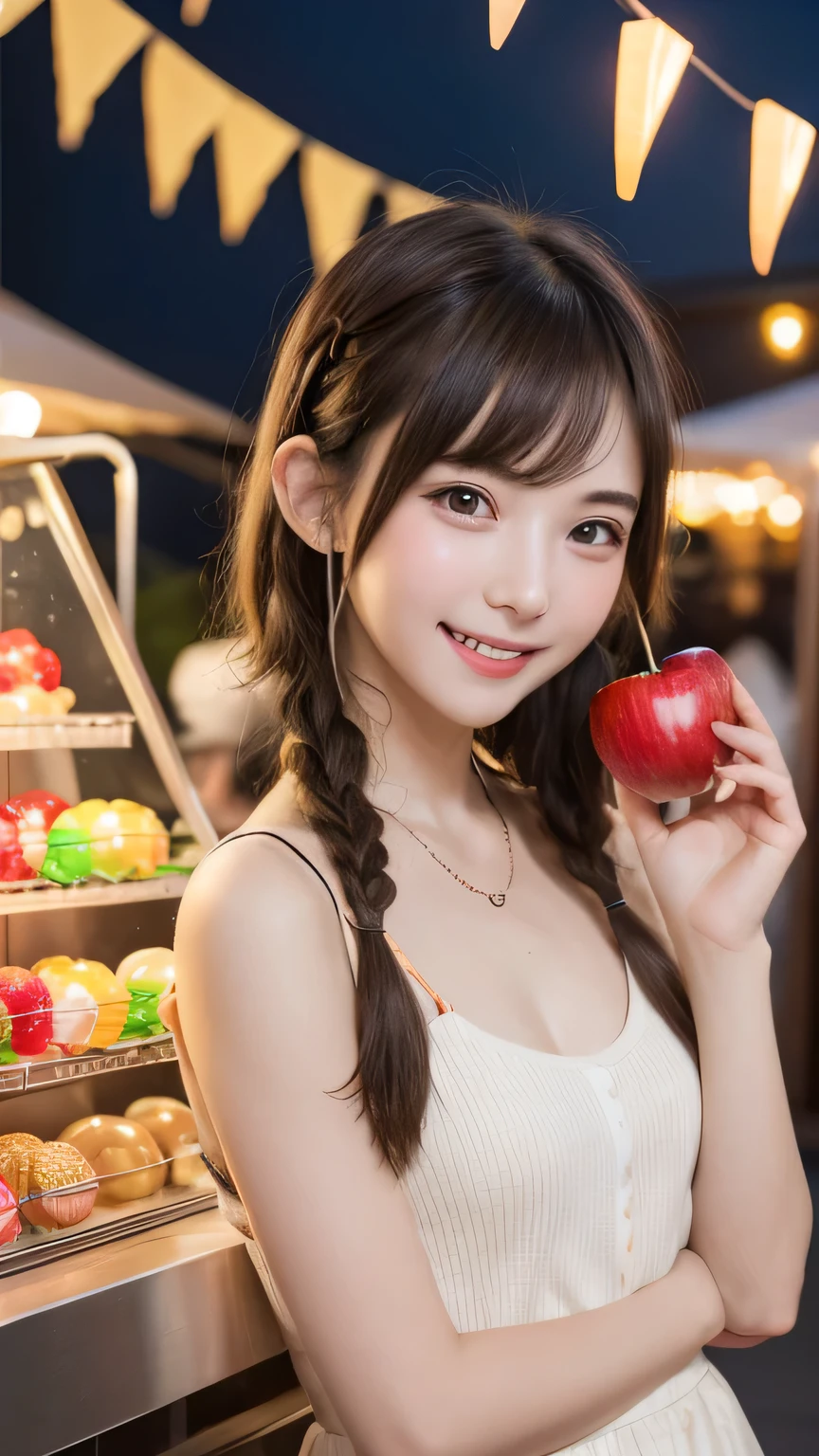 Best picture quality (8K, high resolution, Masterpiece: 1.2), super detailed, 215 Short Hair,Three braids long hair, -yeld wo,
situation: At the candy apple stand、Colorful candy apples lined up。
detailed:
angle: A shot of candy apples lined up、Person choosing candy apples々A close-up look at the。
atmosphere: The expression of joy as she holds the candy apple in her hand、Capture the moment you enjoy the crispy texture。
background: The lights of the food stalls、Colorful candy apples that stand out against the night sky。
, random cute pose ,big eyes ,Puffy eyes , Heart Pupil, blush , huge shy smile , salute