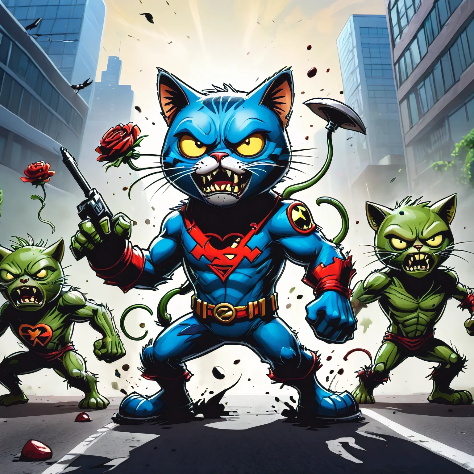 An incredibly beautiful and fantastic picture captures a scene from the legendary battle of superhero anthropomorphic anthropomorphic cats in superhero costumes with scary and ruthless zombies, the theme is "the theme of Plants vs. Zombies", full compliance with the theme, in detail and in detail, incredibly masterpiece