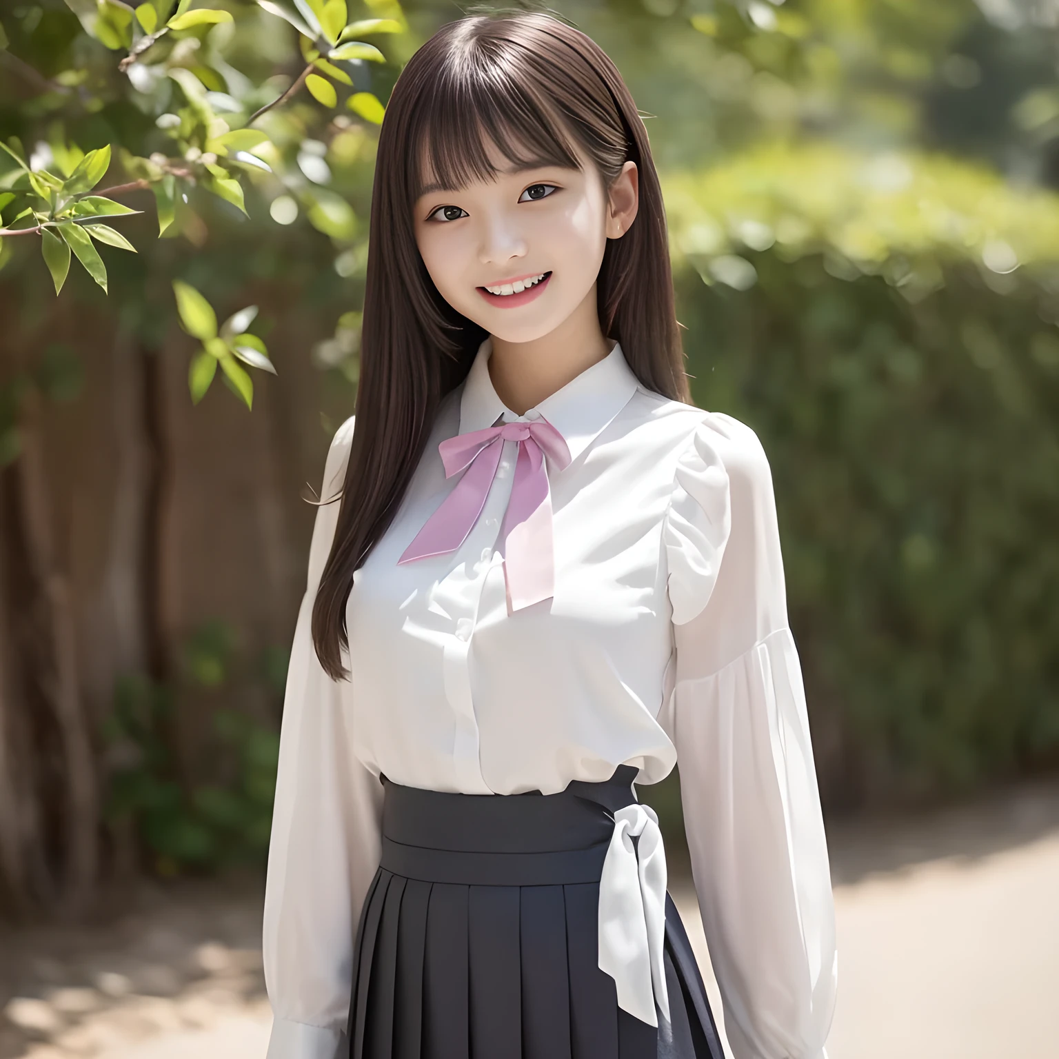 (highest quality, masterpiece:1.2), highest quality, High resolution, 1080P, 8K, Height: 158cm, ((A noble and intelligent girl like Japanese cute girly lady is hypnotizing and giggling, A very sweet, very noble, pretty and neat Japanese beautiful cute girl. Realistic very girly sweet cute princess is standing)), ((((************, popular fashion model)))), ((((White face with plump cheeks)))), Glossy lips, (Evenly cut bangs), ((Very beautifully laughing brown drooping gooey eyes)), (The very large, shiny, wide yellow ribbon bow-tie on her chest is very cute)., ((straight black very very long straight hair)), (((pink colored blouse))), (A neat school uniform), Very lustrous, glossy lips, Open hand over open mouth, Beautiful hair like a hair model, yellow hair ribbons, ((black pleated long skirt)), Watching the viewer and laughing, ((Incredibly well organized, The expression is rich. plump and beautiful skin and face)), ((Pure and clear sweetly smiling eyes)), Long eyelashes, ((smiling at me)), Glossy Lips, ((noble and neat)), ((Like a succubus is fascinating with magic and giggling)), ((((fascinating)))), ((highly up-curved lips)), ((looking at the viewer directly))