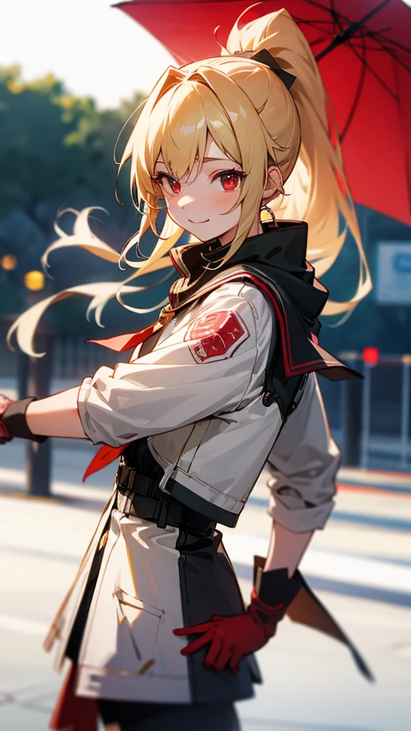 1 Girl、Sharp focus、(Bokeh) (Highest quality) (Detailed skin:1.3) (Intricate details) (anime)、A girl full of vitality、High school girls、Riders jacket、Blonde、Red eyes、ponytail、gloves、Bright smile、Standing in front of a street tree