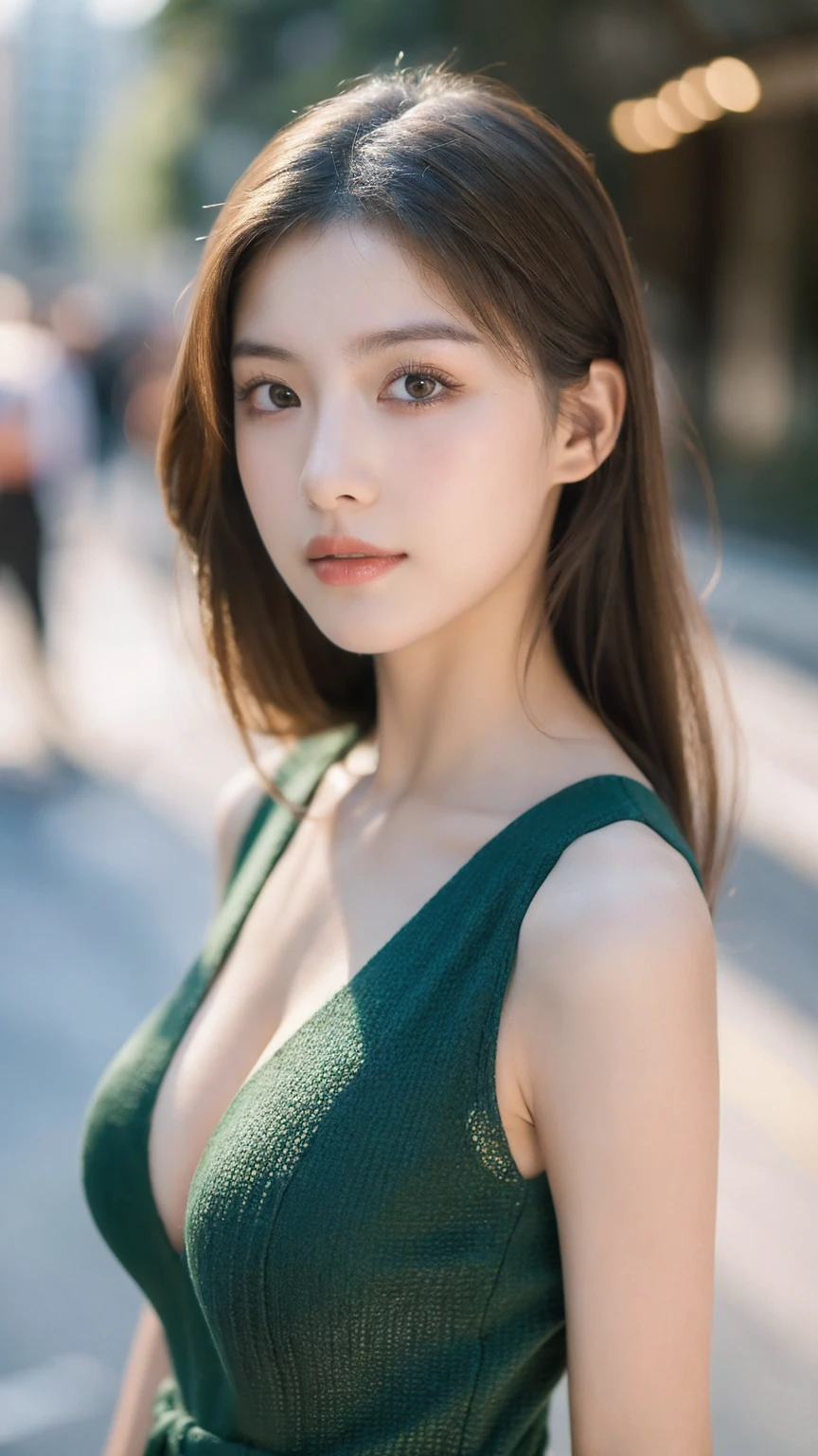 ((Best quality, 8K, masterpiece:1.3))，1girl，18 years old，Asian，Real texture:1.3，(Background blur:1.1)，Dress Up，Tall and slender figure:1.2，(Hot summer weather)，（street:1.3），Highly detailed face and skin textures，Exquisite eyes，Long eyelashes，Double eyelids，Skin Whitening，happy，Various postures，Big breasts