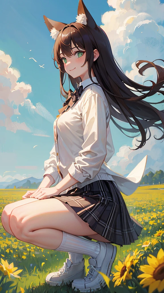masterpiece, Highest quality, outside, Flower Field, squat, From below, From the side, One girl, smile, Conceit, Long Hair, Brown Hair, Green Eyes, Fox Ears, Medium chest, White collared shirt, bow tie, Beige cardigan, Black plaid skirt, Thick thighs, sneakers, loose socks, Panto Peak,