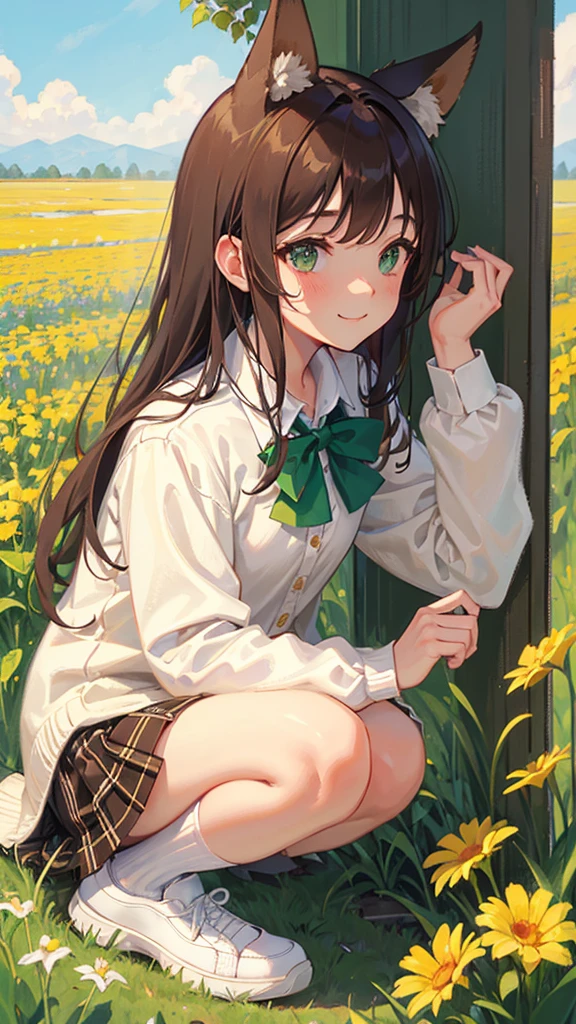 masterpiece, Highest quality, outside, Flower Field, squat, From below, From the side, One girl, smile, Conceit, Long Hair, Brown Hair, Green Eyes, Fox Ears, Medium chest, White collared shirt, bow tie, Beige cardigan, Black plaid skirt, Thick thighs, sneakers, loose socks, Panto Peak,
