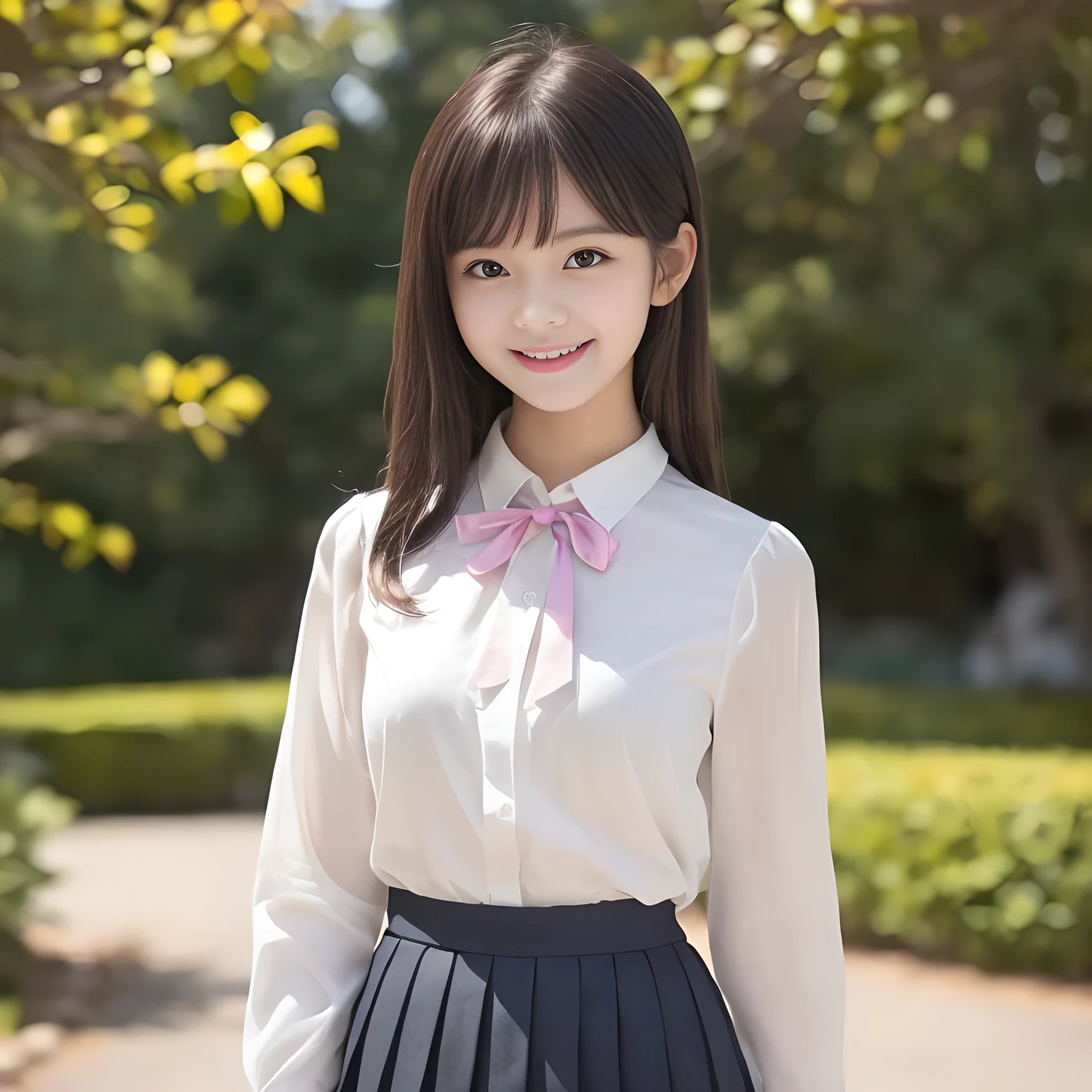 (highest quality, masterpiece:1.2), highest quality, High resolution, 1080P, 8K, Height: 158cm, ((A noble and intelligent girl like Japanese cute girly lady is hypnotizing and giggling, A very sweet, very noble, pretty and neat Japanese beautiful cute girl. Realistic very girly sweet cute princess is standing)), ((((************, popular fashion model)))), ((((White face with plump cheeks)))), Glossy lips, (Evenly cut bangs), ((Very beautifully laughing brown drooping gooey eyes)), (The very large, shiny, wide yellow ribbon bow-tie on her chest is very cute)., ((straight black very very long straight hair)), (((pink colored blouse))), (A neat school uniform), Very lustrous, glossy lips, Open hand over open mouth, Beautiful hair like a hair model, yellow hair ribbons, ((black pleated long skirt)), Watching the viewer and laughing, ((Incredibly well organized, The expression is rich. plump and beautiful skin and face)), ((Pure and clear sweetly smiling eyes)), Long eyelashes, ((smiling at me)), Glossy Lips, ((noble and neat)), ((Like a succubus is fascinating with magic and giggling)), ((((fascinating)))), ((highly up-curved lips)), ((looking at the viewer directly))