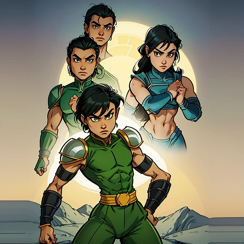 Make the image an boy earthbender, he is , black hair, green eyes. His outfit is green and fits tight to his defined six-pack abs, with metal shoulder pads and bracelets. His posture is upright, he has muscles. Trace Avatar: The Last Airbender and Avatar: The Legend of Korra.