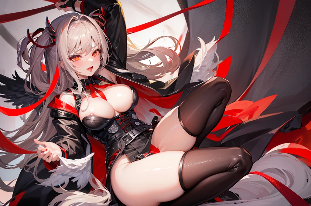 Very beautiful japanese Lady sucubbus with wings and horns in black leather outfit with red belt and red ribbons on her legs, ahegao, tongue out, big breasted, sexy, nsfw