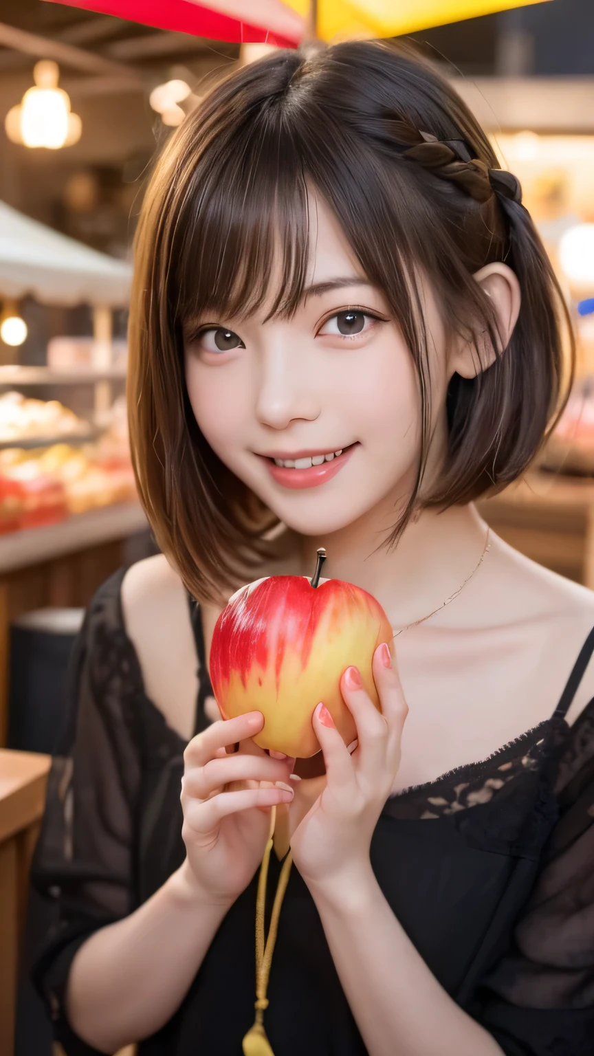 Best picture quality (8K, high resolution, Masterpiece: 1.2), super detailed,  215 Short Hair,Three braids long hair, -yeld wo, 

situation: At the candy apple stand、Colorful candy apples lined up。
detailed:
angle: A shot of candy apples lined up、Person choosing candy apples々A close-up look at the。
atmosphere: The expression of joy as she holds the candy apple in her hand、Capture the moment you enjoy the crispy texture。
background: The lights of the food stalls、Colorful candy apples that stand out against the night sky。

, random cute pose ,big eyes ,Puffy eyes ,  Heart Pupil, blush  , huge shy smile , salute

