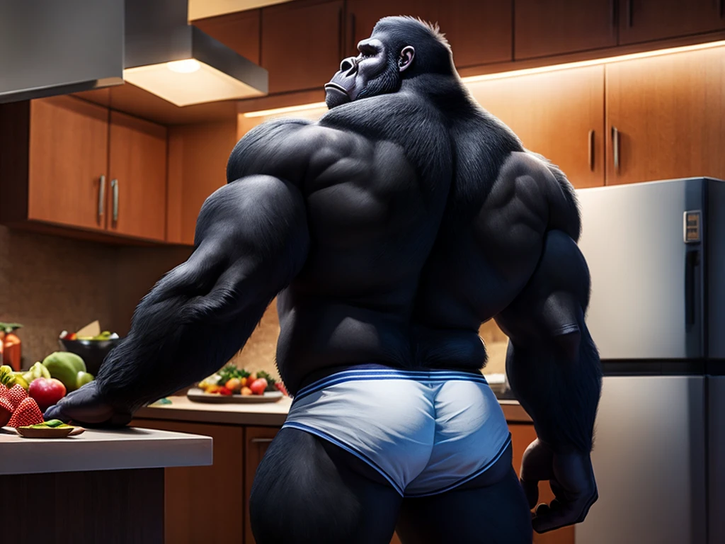 Kong is a gorilla who has a well-built body, he weara a underwear, invades a kitchen, raid the fridge, eat all fruits at fridge, anthro gorilla, male, adult, black fur, buffed body, sexy, beefy body, furred body, furry chest hair, realistic, full body, photorealistic, ultra realistic, 8k, night, bare-chested, in back turned posing, sexy butt