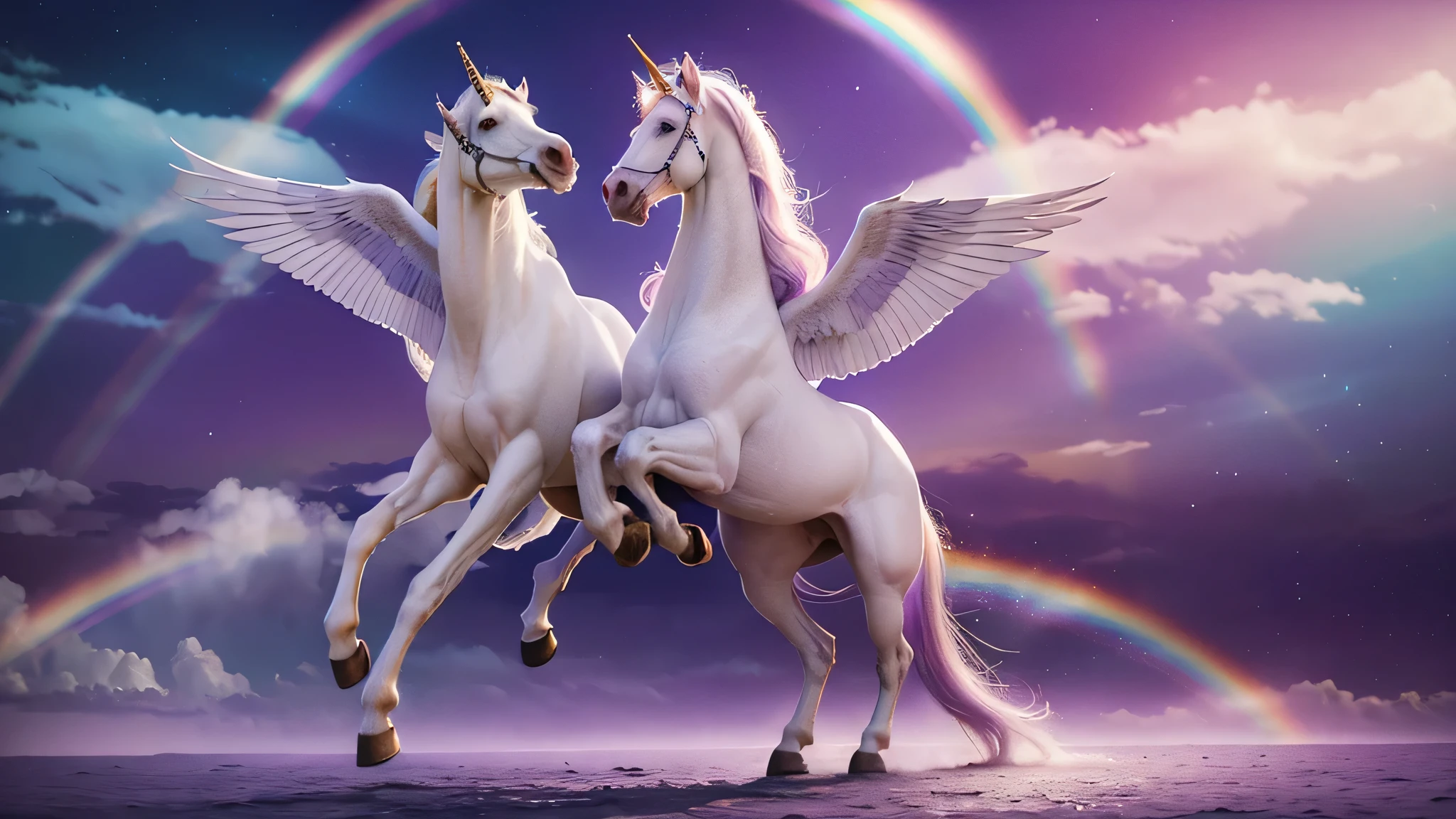 Draw two white horses with wings in purple sky, unicorns, ethereal rainbows, Rainbow reflections, Rainbow reflections, Rainbow reflections, Pegasus, In a mysterious scene, unicorn, Magical and mysterious, heaven on earth, author:Caroline Chariot-Dayez, Cindy Wright, glitters. fantasy, beautiful dreamy breathtaking, Ethereal aurora spirit, beautiful fantasy, magic fantasy highly detailed