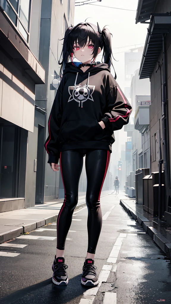 An anime character with a gothic style, featuring black twin-tails and expressive eyes. She is wearing a black hoodie with a white symbol on the chest, matching black pants, and modern sneakers. She holds a small black bag. The background is an urban street scene with visible buildings, emphasizing her edgy and contemporary look