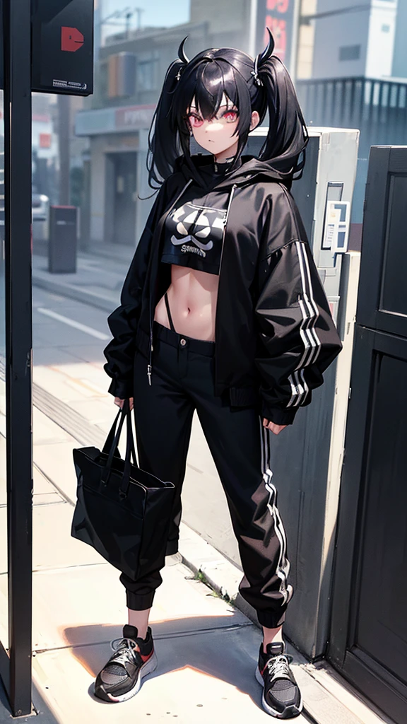 An anime character with a gothic style, featuring black twin-tails and expressive eyes. She is wearing a black hoodie with a white symbol on the chest, matching black pants, and modern sneakers. She holds a small black bag. The background is an urban street scene with visible buildings, emphasizing her edgy and contemporary look