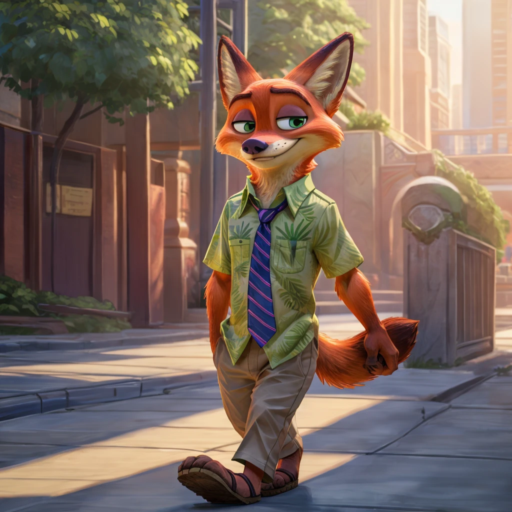 Nick Wilde tops a Hawaiian green shirt with an indigo tie and khaki pants, brown sandals. , digital art, ((perfect face)), ((Best quality)), ((masterpiece))