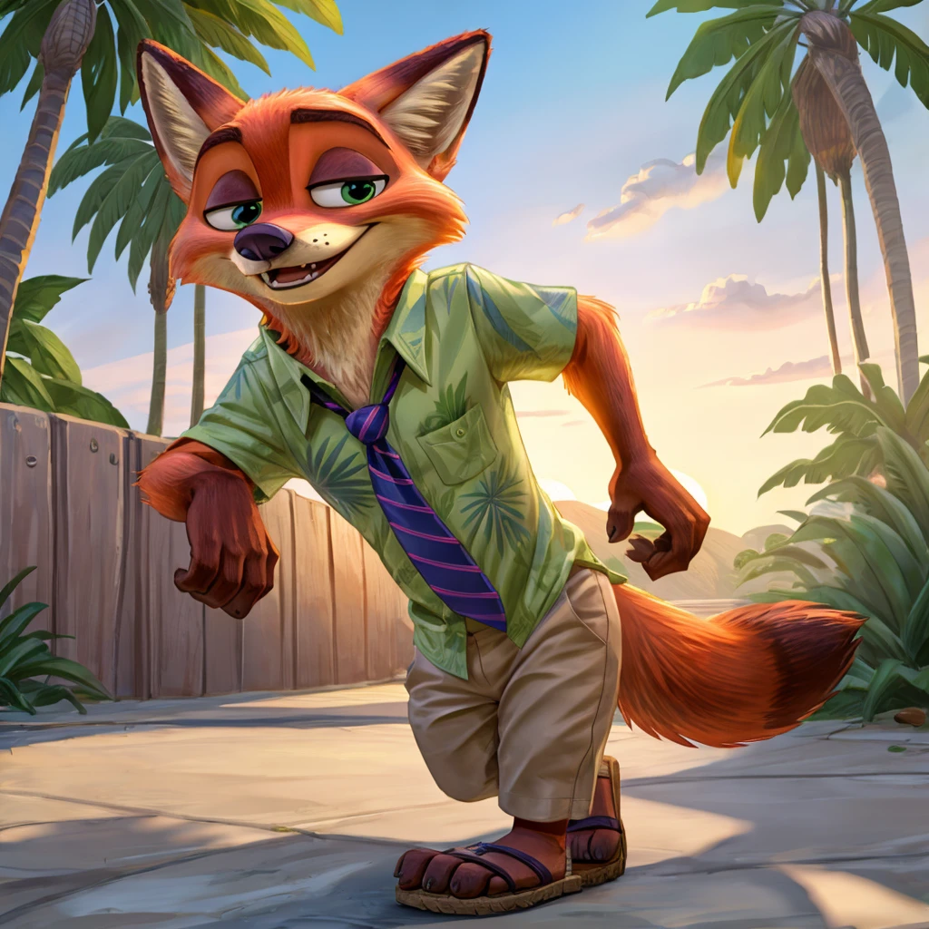 Nick Wilde tops a Hawaiian green shirt with an indigo tie and khaki pants, brown sandals. , digital art, ((perfect face)), ((Best quality)), ((masterpiece))