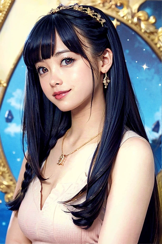 nsfw,masterpiece、highest quality、High resolution、high quality images、8K, 1 female、skin luster、skin texture、Expression of fine eyes、Shiny bright golden hair,Girl with long braided hair, realism, detailed manga style, manga art style, perfect line drawing, beautiful line drawing, digital manga art girl, beautiful blue eyes, plump lips, detailed gorgeous face, (cute smile), charm, innocent, Front view, (perfectly detailed face), (fine hands) 、photorealistic images, Depth of written boundary, Princess hairstyle, Princess、Corolla on the head , face forward , night sky , night view ,beautiful starry sky ,beautiful starry sky , romanticism,topless、(All nude:1.5)、large breasts:0.3、smile、blush、princess tiara、fluffy hair、gorgeous earrings、Gorgeous palace room、Nadia: The Secret of Blue Water Necklace、pussy:1.3、足を開く:1.3