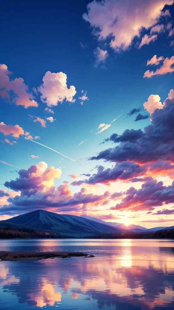 A calm lake，Blue sky，White Cloud，Sunset，best quality，8K，Shock。