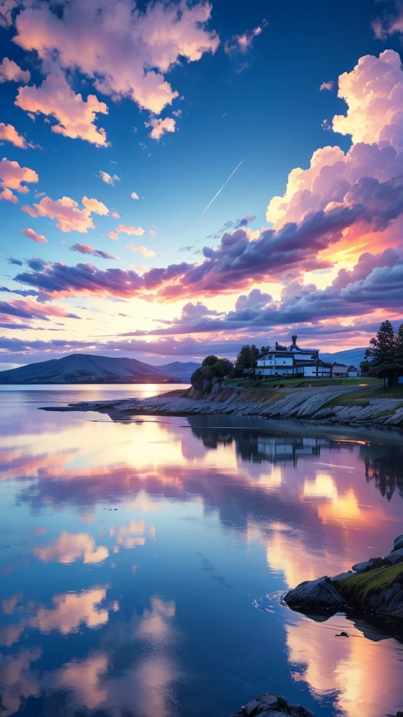 A calm lake，Blue sky，White Cloud，Sunset，best quality，8K，Shock。