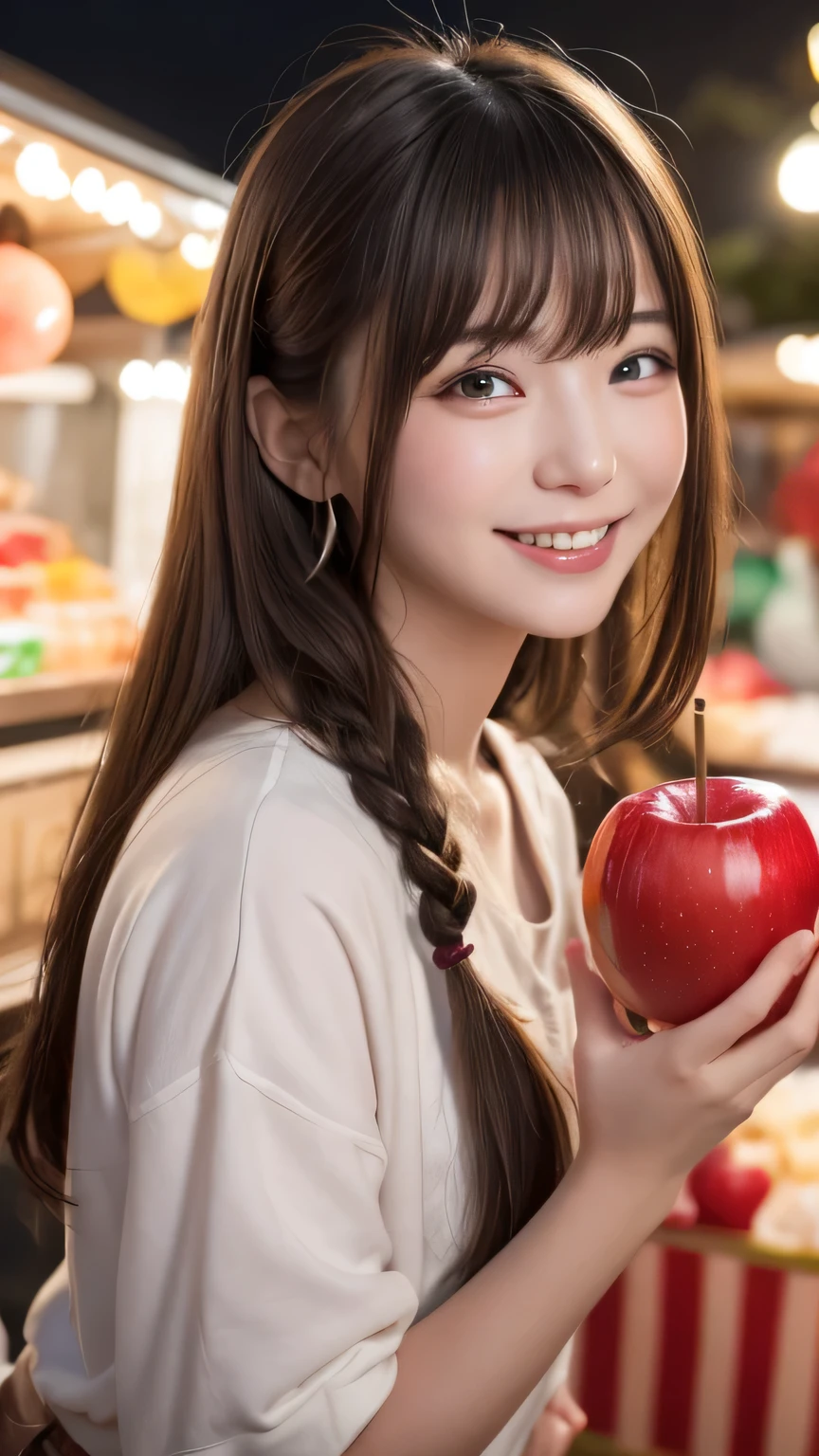 Best picture quality (8K, high resolution, Masterpiece: 1.2), super detailed,  215 Short Hair,Three braids long hair, 16-year-old woman, 

situation: At the candy apple stand、Colorful candy apples lined up。
detailed:
angle: A shot of candy apples lined up、Person choosing candy apples々A close-up look at the。
atmosphere: The expression of joy as she holds the candy apple in her hand、Capture the moment you enjoy the crispy texture。
background: The lights of the food stalls、Colorful candy apples that stand out against the night sky。

, random cute pose ,big eyes ,Puffy eyes ,  Heart Pupil, blush  , huge shy smile , salute

