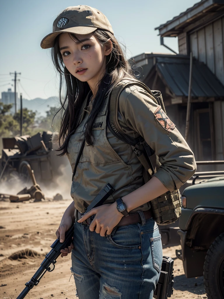 (8K, RAW photos, best quality, masterpiece:1.2),(Practical, Practicalな写真:1.4),(Highly detailed CG Unity 8K wallpaper),(Round Face: 1.5), (Fine pupils:1.3),(Cold eyes:1.1),(Unforgettable eyes:1.1),(You have beautiful eyes:1.1),
24 years old, Korean woman, Delicate and beautiful face、Bronze skin, You are wearing clothes.s. Marines,Bulletproof vest、Backpack、heavy equipment、 Battles on the battlefield, Strong muscles, World War, Modern war themes,Army girl, running、Assault rifle with precise details, (Hold on to your rifle.: 1.3), (Aim and hold the rifle.: 1.3), Shootout, , Baseball cap, car on fire, War Zone,, explode, Burning City, cigarette, Broken Tower, belly button, Gloves, Torn pants, A face stained with mud and blood, Sweating of the skin, Bloody Skin, muddy skin, Declaration of determination, Accurate expression, best quality, Ultra-high resolution, Practicalな, 、Physically Based Rendering(Physically Based Rendering(Physically Based Rendering)), Movie Lighting, complicated, Feeling,Like soft light, Pleasant tone, Battlefield Background, city war background, Practical, Cowboy shooting, Dynamic Angle,, Mahindra Thar, electric wire, 8K!!, 偉大なmasterpiece,, Production: Tom Karafik、Impressive pose