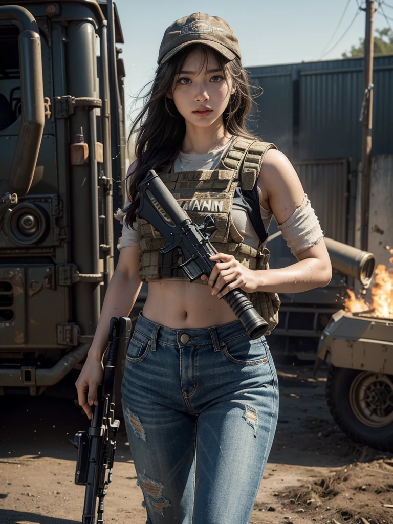 (8K, RAW photos, best quality, masterpiece:1.2),(Practical, Practicalな写真:1.4),(Highly detailed CG Unity 8K wallpaper),(Round Face: 1.5), (Fine pupils:1.3),(Cold eyes:1.1),(Unforgettable eyes:1.1),(You have beautiful eyes:1.1),
24 years old, Korean woman, Delicate and beautiful face、Bronze skin, You are wearing clothes.s. Marines,Bulletproof vest、Backpack、heavy equipment、 Battles on the battlefield, Strong muscles, World War, Modern war themes,Army girl, running、ault rifle with precise details, (Hold on to your rifle.: 1.3), (Aim and hold the rifle.: 1.3), Shootout, , Baseball cap, car on fire, War Zone,, explode, Burning City, cigarette, Broken Tower, belly but Gloves, Torn pants, A face stained with mud and blood, Sweating of the skin, Bloody Skin, muddy skin, Declaration of determination, Accurate expression, best quality, Ultra-high resolution, Practicalな, 、Physically Based Rendering(Physically Based Rendering(Physically Based Rendering)), Movie Lighting, complicated, Feeling,Like soft light, Pleasant tone, Battlefield Background, city war background, Practical, Cowboy shooting, Dynamic Angle,, Mahindra Thar, electric wire, 8K!!, 偉大なmasterpiece,, Production: Tom Karafik、Impressive pose