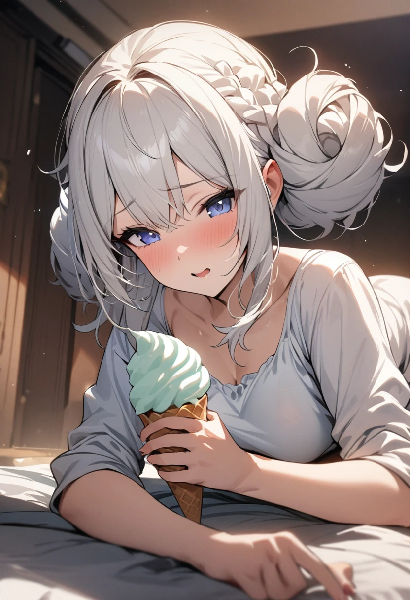 masterpiece, best quality, extremely detailed, girl,whit hair,(((like a soft serve ice cream hair style ))),((A hairstyle in which the hair is rolled up on top of the head )),dress