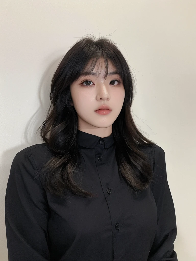 Best Quality, 8k, Masterpiece, (Portrait: 1.3), (photo realistic:1.4), (hyper realistic:1.4), Sharp Focus, looking at viewer, (smoother lighting:1.1), (increase cinematic lighting quality:0.9), realistic lighting, backlighting, light on face, ray trace, (brightening light:1.2), (Increase quality:1.4), sharp detail, (best quality real texture skin:1.4), finely detailed eyes, black_eyes, finely detailed face, 25 year old Korean woman, (white formal_shirt:1.4), (Create an image maintaining the original base model hairstyle:1.5)