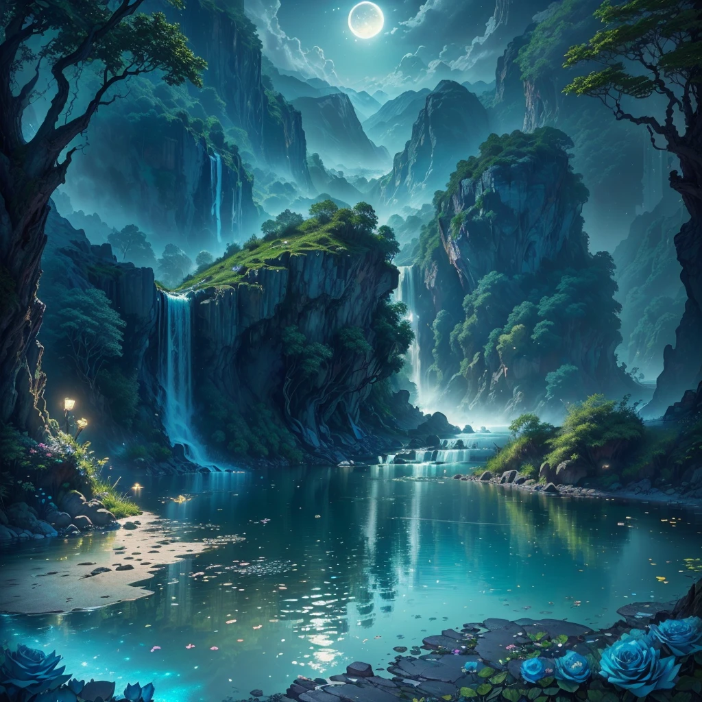 a massive ancient lost city hidden in a lush jungle landscape, with a towering waterfall cascading down the mountainside into a serene lake, ([((best quality,8k,highres,masterpiece:1.2),ultra-detailed,(realistic,photorealistic,photo-realistic:1.37)],extremely detailed CG unity 8k wallpaper, scenery, outdoors, sky, cloud, no people, mountain, landscape, water, tree, blue sky, waterfall, cliff, nature, lake, river, cloudy sky,award winning photography, Bokeh, Depth of Field, HDR, bloom, Chromatic Aberration ,Photorealistic,extremely detailed, trending on artstation, trending on CGsociety, Intricate, High Detail, dramatic, art by midjourney, tall waterfall, painting of a river with rocks and trees in the foreground, near a river, landscape, jungle, waterfall, crystal clear water, night light,((full moon)), colorful, river with rocks, rock bridge, epic, fantasy, ((roses and flowers on the banks of the pond)), ((oil painting)), moon landscape reflected in river, ((rock bridge)))