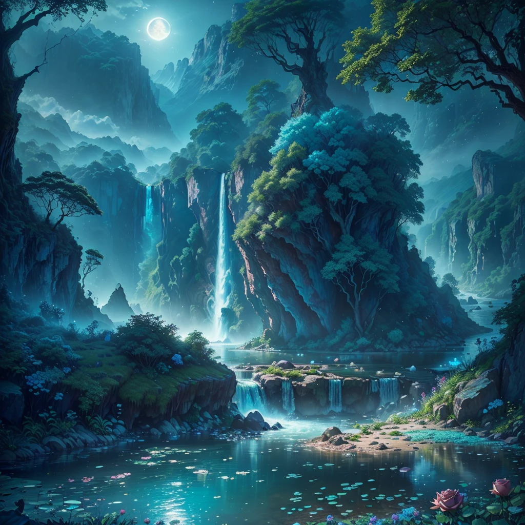 a massive ancient lost city hidden in a lush jungle landscape, with a towering waterfall cascading down the mountainside into a serene lake, ([((best quality,8k,highres,masterpiece:1.2),ultra-detailed,(realistic,photorealistic,photo-realistic:1.37)],extremely detailed CG unity 8k wallpaper, scenery, outdoors, sky, cloud, no people, mountain, landscape, water, tree, blue sky, waterfall, cliff, nature, lake, river, cloudy sky,award winning photography, Bokeh, Depth of Field, HDR, bloom, Chromatic Aberration ,Photorealistic,extremely detailed, trending on artstation, trending on CGsociety, Intricate, High Detail, dramatic, art by midjourney, tall waterfall, painting of a river with rocks and trees in the foreground, near a river, landscape, jungle, waterfall, crystal clear water, night light,((full moon)), colorful, river with rocks, rock bridge, epic, fantasy, ((roses and flowers on the banks of the pond)), ((oil painting)), moon landscape reflected in river, ((rock bridge)))
