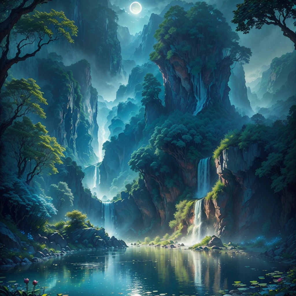 a massive ancient lost city hidden in a lush jungle landscape, with a towering waterfall cascading down the mountainside into a serene lake, ([((best quality,8k,highres,masterpiece:1.2),ultra-detailed,(realistic,photorealistic,photo-realistic:1.37)],extremely detailed CG unity 8k wallpaper, scenery, outdoors, sky, cloud, no people, mountain, landscape, water, tree, blue sky, waterfall, cliff, nature, lake, river, cloudy sky,award winning photography, Bokeh, Depth of Field, HDR, bloom, Chromatic Aberration ,Photorealistic,extremely detailed, trending on artstation, trending on CGsociety, Intricate, High Detail, dramatic, art by midjourney, tall waterfall, painting of a river with rocks and trees in the foreground, near a river, landscape, jungle, waterfall, crystal clear water, night light,((full moon)), colorful, river with rocks, rock bridge, epic, fantasy, ((roses and flowers on the banks of the pond)), ((oil painting)), moon landscape reflected in river, ((rock bridge)))