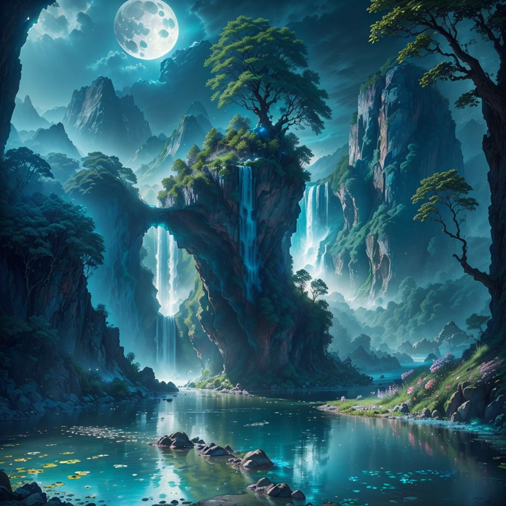a massive ancient lost city hidden in a lush jungle landscape, with a towering waterfall cascading down the mountainside into a serene lake, ([((best quality,8k,highres,masterpiece:1.2),ultra-detailed,(realistic,photorealistic,photo-realistic:1.37)],extremely detailed CG unity 8k wallpaper, scenery, outdoors, sky, cloud, no people, mountain, landscape, water, tree, blue sky, waterfall, cliff, nature, lake, river, cloudy sky,award winning photography, Bokeh, Depth of Field, HDR, bloom, Chromatic Aberration ,Photorealistic,extremely detailed, trending on artstation, trending on CGsociety, Intricate, High Detail, dramatic, art by midjourney, tall waterfall, painting of a river with rocks and trees in the foreground, near a river, landscape, jungle, waterfall, crystal clear water, night light,((full moon)), colorful, river with rocks, rock bridge, epic, fantasy, ((roses and flowers on the banks of the pond)), ((oil painting)), moon landscape reflected in river, ((rock bridge)))