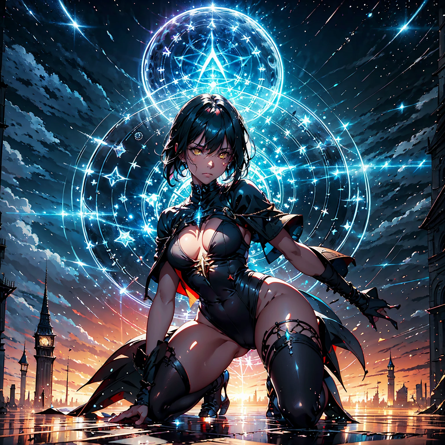 1girl, (solo), bob hair with bangs, black hair, breasts, small size, yellow eyes, tanned skin, nude, full body, very sexy body, detailed face, kneeling, sad, tears, outdoors, tired, exhausted, black magic circle, (night), white moon, moonlight, lightning, clouds, medieval castle, (masterpiece, highly detailed, 8k, best quality, vibrant colors, digital art, concept art)