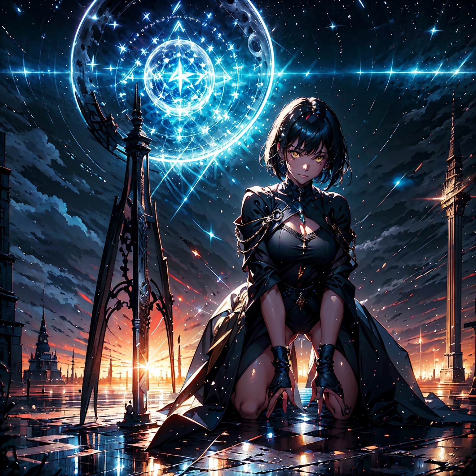 1girl, (solo), bob hair with bangs, black hair, breasts, small size, yellow eyes, tanned skin, nude, full body, very sexy body, detailed face, kneeling, sad, tears, outdoors, tired, exhausted, black magic circle, (night), white moon, moonlight, lightning, clouds, medieval castle, (masterpiece, highly detailed, 8k, best quality, vibrant colors, digital art, concept art)