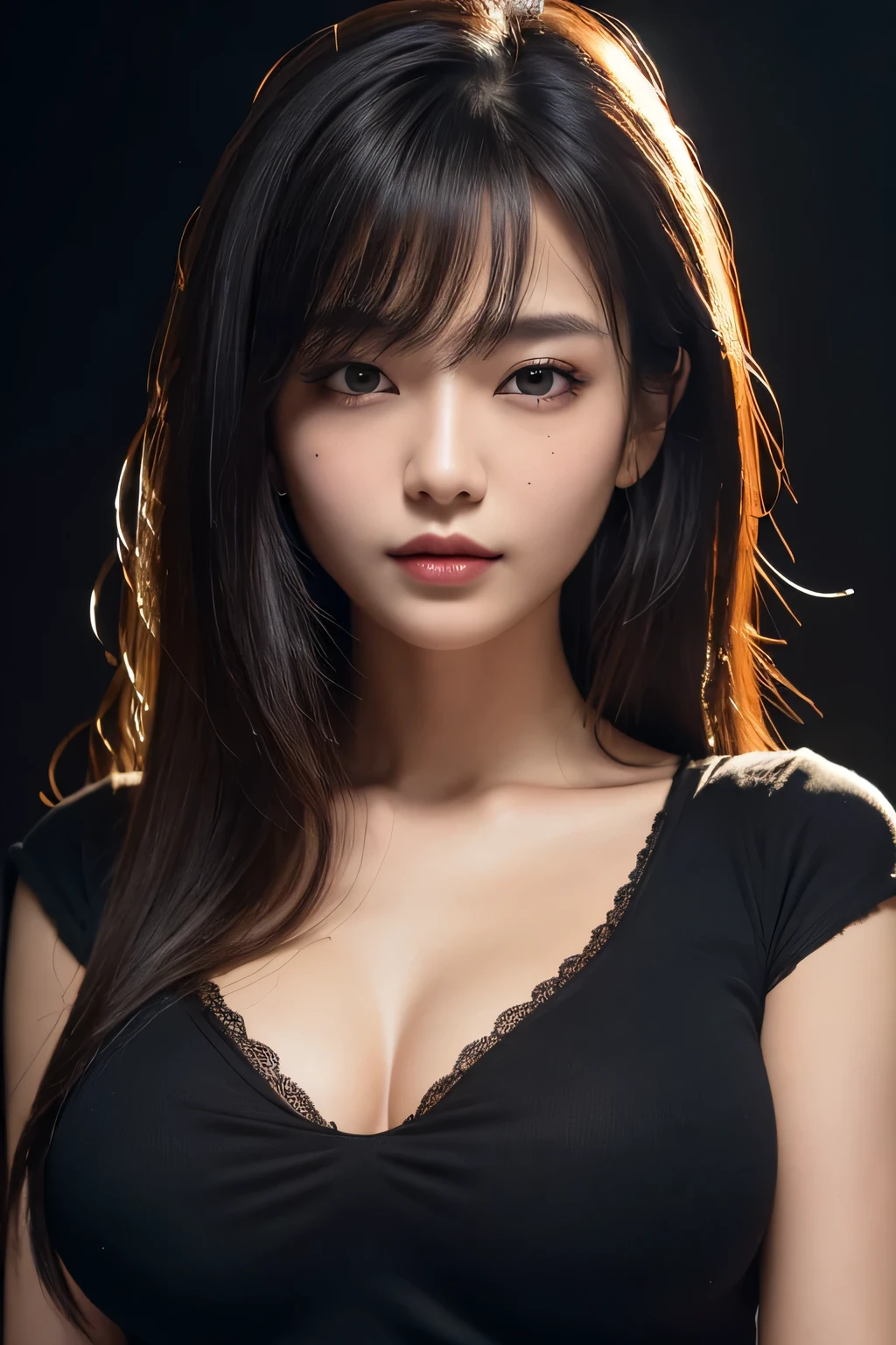 Highest quality, masterpiece, Perfect Body Beauty, Cinema Lighting,   Black Shirt, Highly detailed face and skin texture, Fine grain,  Perfect Face, ((????????????)), View your viewers, ((Dark Background)), Open the mouse, Straight bangs, Long Hair, Cowboy Shot, Watery eye mole, Mole on ?????