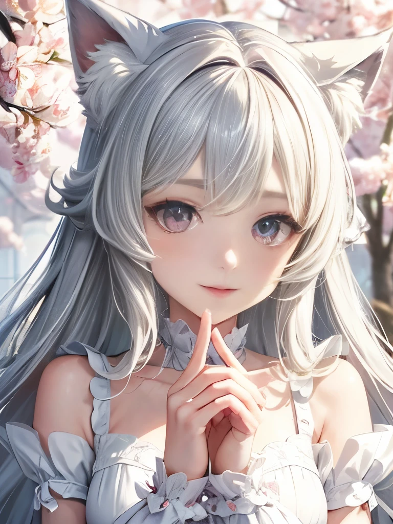 Delicate depiction, Anime girl with cat ears, Ultra high definition, Soft white fluff inside the ear, Her eyes are big、I was full of curiosity, She was excited and happy to see me., Beautiful Eyes, Gray Hair, Pink Eyes, Good art, Good picture, anime 2D, 2D, cute, Two hands with five fingers on each hand, Beautiful Hands, Good move, 4K, 8K,
