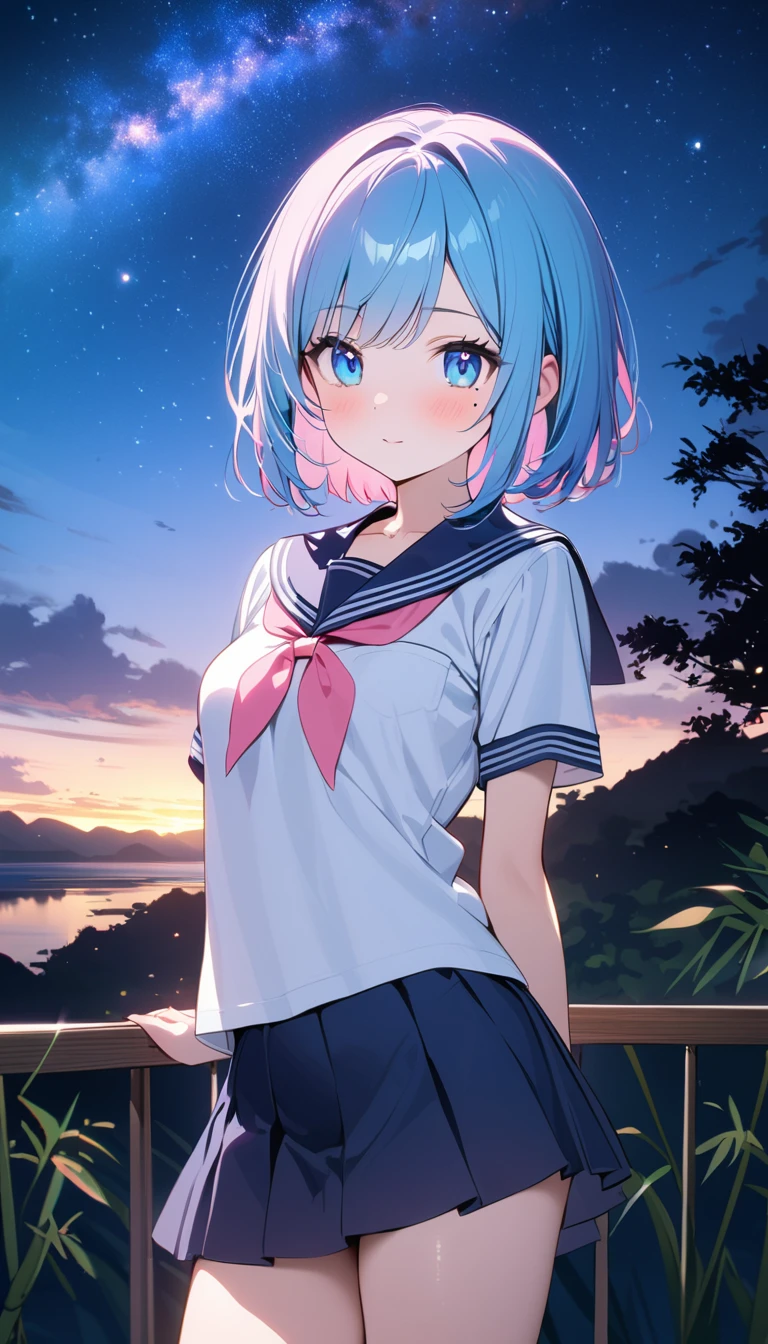 (1 girl),(Best Picture Quality, 8K, Masterpiece:1.3), (high  student:1.5), (pink lob hair:1.1), [skyblue hair:0.1], (bob cut),(swept bangs), (cute eyes, pupil black, iris skyblue, youthful face), (mole under right eye), (standard weight), (small breasts), (glistening skin:1.1),(pale skin:1.2), ((serafuku, white sailor short sleeve simple shirt, darkblue skirt, darkblue sailor collar, pink ribbon)),BREAK, fantasy setting, summer night, Milky Way visible in the sky, (Crystal bamboo and tanzaku around),(magnificent view).