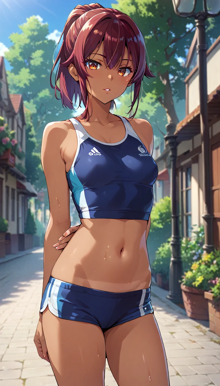 (masterpiece, best quality, ultra-detailed, high resolution, detailed eyes), takeda hiromitsu style, (1woman), (30 years old), (training wear), athlete body, small breasts, tall, (dark skin:1.6), short red hair, ponytail, standing, looking at viewer, pov, cowboy shot, in the park