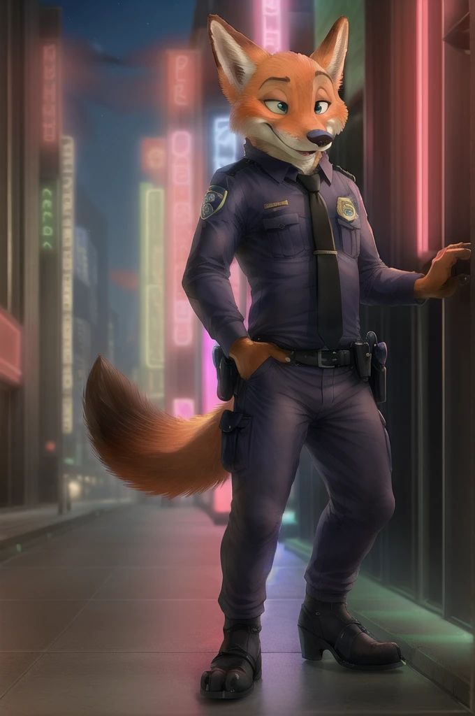 (energetic, by honovy, от zenthetiger, from Sausch), Nick Wilde, male, Fox, One, tie, safe, dressed, green eyes, Police uniform,open toe heels, standing, city, Street, Tokyo, Akihabara, neon lights, night, tail