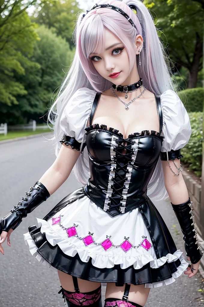 sexy stylish Swedish model, only 1 female, ((doll-like appearance)), long neon pink stylish hair, ((shiny Punk-Style boots)), (smiling face), ultra detailed eyes, Punk makeup, lipgloss, ((sexy Punk ta cosplay)), unconventional skirt, petticoats, high neckline, ((ultra detailed lace)), ((ultra detailed embroidery)), intricate details, tartan patterns, (silver chains), (silver spikes), (safety pins), Punk Loliccessoires, Punk Lolita cr, ((large sparkling Punk Lolita jewel, cinematic light, detailed large park background with trees