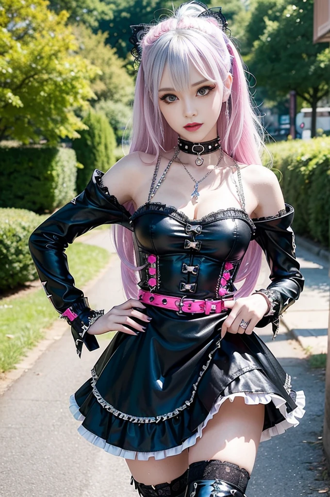 sexy stylish Swedish model, only 1 female, ((doll-like appearance)), long neon pink stylish hair, ((shiny Punk-Style boots)), (smiling face), ultra detailed eyes, Punk makeup, lipgloss, ((sexy Punk ta cosplay)), unconventional skirt, petticoats, high neckline, ((ultra detailed lace)), ((ultra detailed embroidery)), intricate details, tartan patterns, (silver chains), (silver spikes), (safety pins), Punk Loliccessoires, Punk Lolita cr, ((large sparkling Punk Lolita jewel, cinematic light, detailed large park background with trees