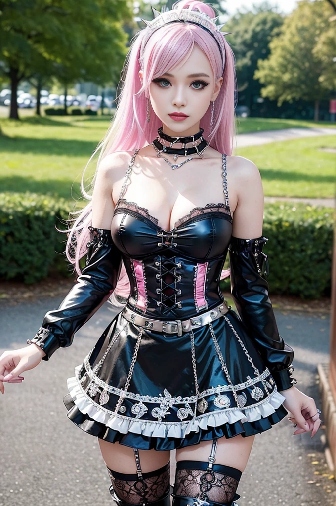 sexy stylish Swedish model, only 1 female, ((doll-like appearance)), long neon pink stylish hair, ((shiny Punk-Style boots)), (smiling face), ultra detailed eyes, Punk makeup, lipgloss, ((sexy Punk Lolita cosplay)), unconventional skirt, petticoats, high neckline, ((ultra detailed lace)), ((ultra detailed embroidery)), intricate details, tartan patterns, (silver chains), (silver spikes), (safety pins), Punk Lolita accessoires, Punk Lolita choker, ((large sparkling Punk Lolita jewelry)), cinematic light, detailed large park background with trees