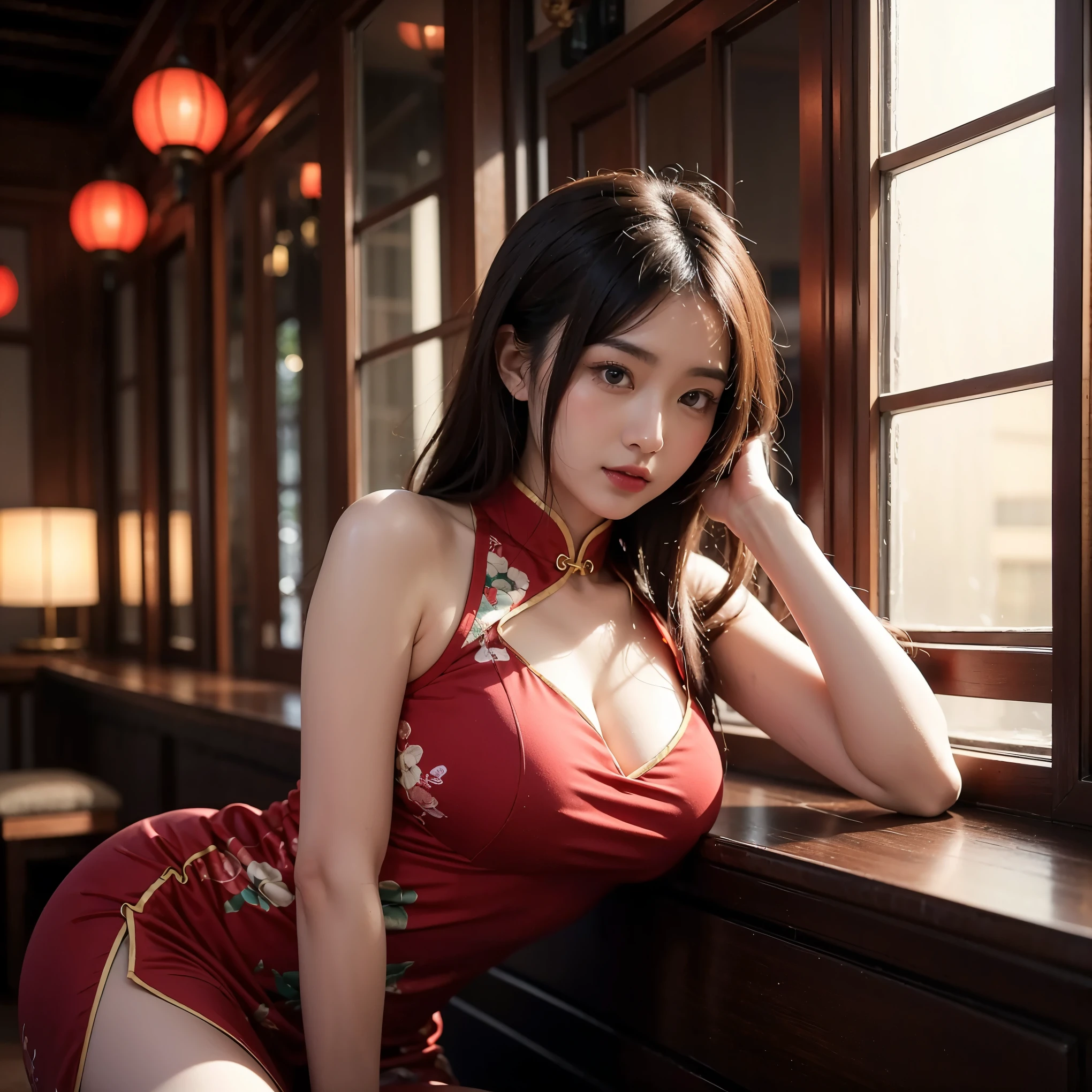 Beautiful Japanese Waifu, early 30s, brunette hair, red qipao, leaning on a long table