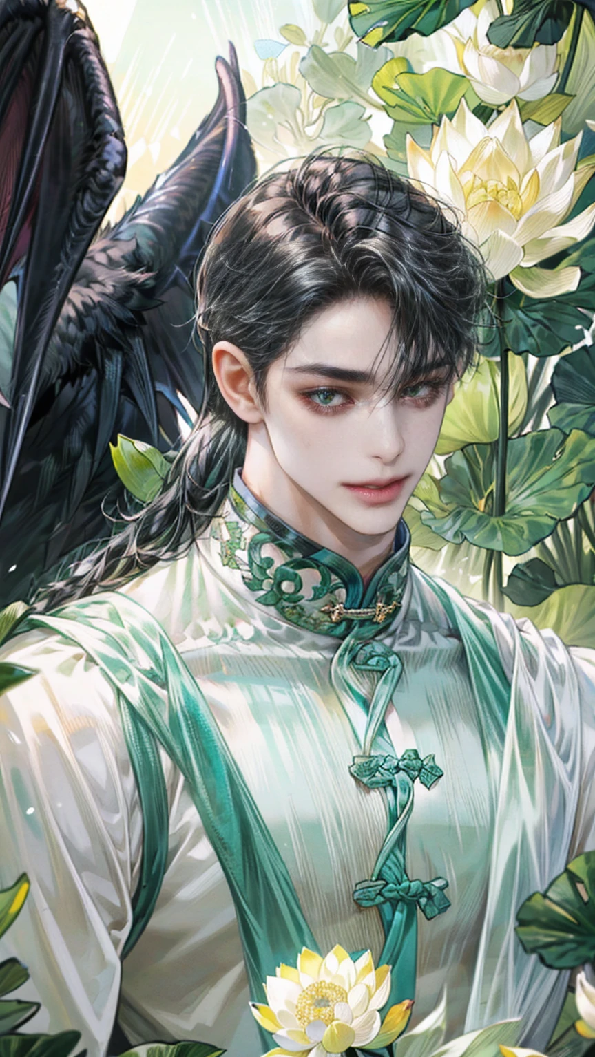 extraordinarily beautiful youth, a bright, innocent smile,All green clothing,(absurdres, highres, ultra detailed, HDR), masterpiece, best quality, (1 boy) , maleficent movie, boy character ,((Thick black long hair)),beautiful face,detailed interior, detailed character,((man)),(lotus Flowers), black hair,he smile,(white lotus),The Scum Villain's Self-Saving System,1man,the house of ancient China , pure white lotus,beautiful and cute man ,(long black hair),black eyes,((solo man)),(he has a Big eyes, charming lips, slim nose and small face),(slim figures and no muscle),thin boy,slime body, slime  figure ,(((1 boy,one boy)))