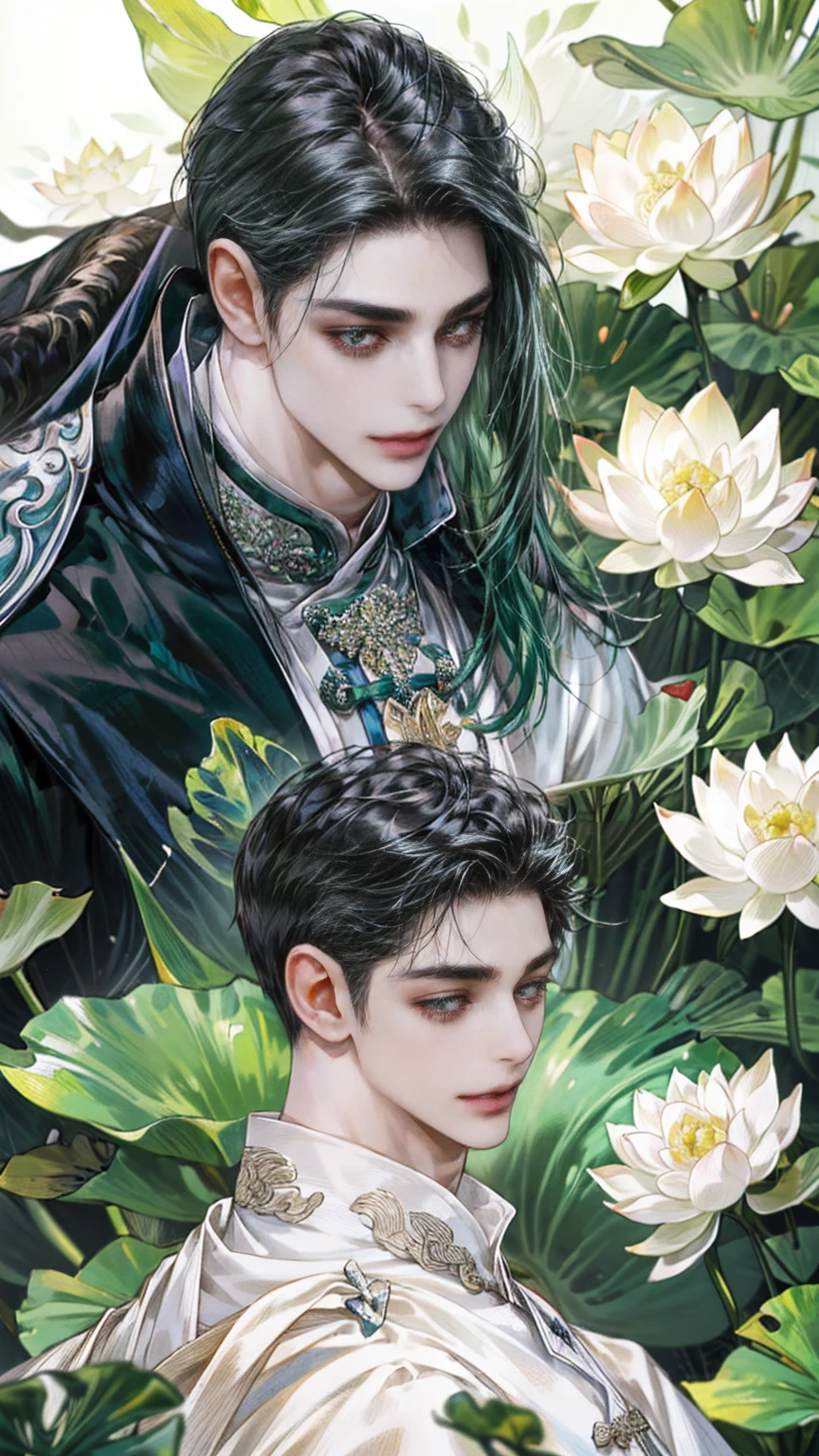 extraordinarily beautiful youth, a bright, innocent smile,All green clothing,(absurdres, highres, ultra detailed, HDR), masterpiece, best quality, (1 boy) , maleficent movie, boy character ,((Thick black long hair)),beautiful face,detailed interior, detailed character,((man)),(lotus Flowers), black hair,he smile,(white lotus),The Scum Villain's Self-Saving System,1man,the house of ancient China , pure white lotus,beautiful and cute man ,(long black hair),black eyes,((solo man)),(he has a Big eyes, charming lips, slim nose and small face),(slim figures and no muscle),thin boy,slime body, slime figure ,(((1 boy,one boy)))