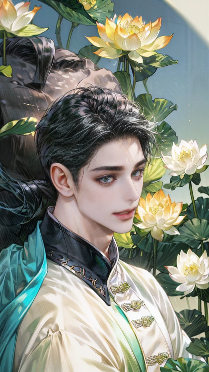 extraordinarily beautiful youth, a bright, innocent smile,All green clothing,(absurdres, highres, ultra detailed, HDR), masterpiece, best quality, (1 boy) , maleficent movie, boy character ,((Thick black long hair)),beautiful face,detailed interior, detailed character,((man)),(lotus Flowers), black hair,he smile,(white lotus),The Scum Villain's Self-Saving System,1man,the house of ancient China , pure white lotus,beautiful and cute man ,(long black hair),black eyes,((solo man)),(he has a Big eyes, charming lips, slim nose and small face),(slim figures and no muscle),thin boy,slime body, slime  figure ,(((1 boy,one boy)))