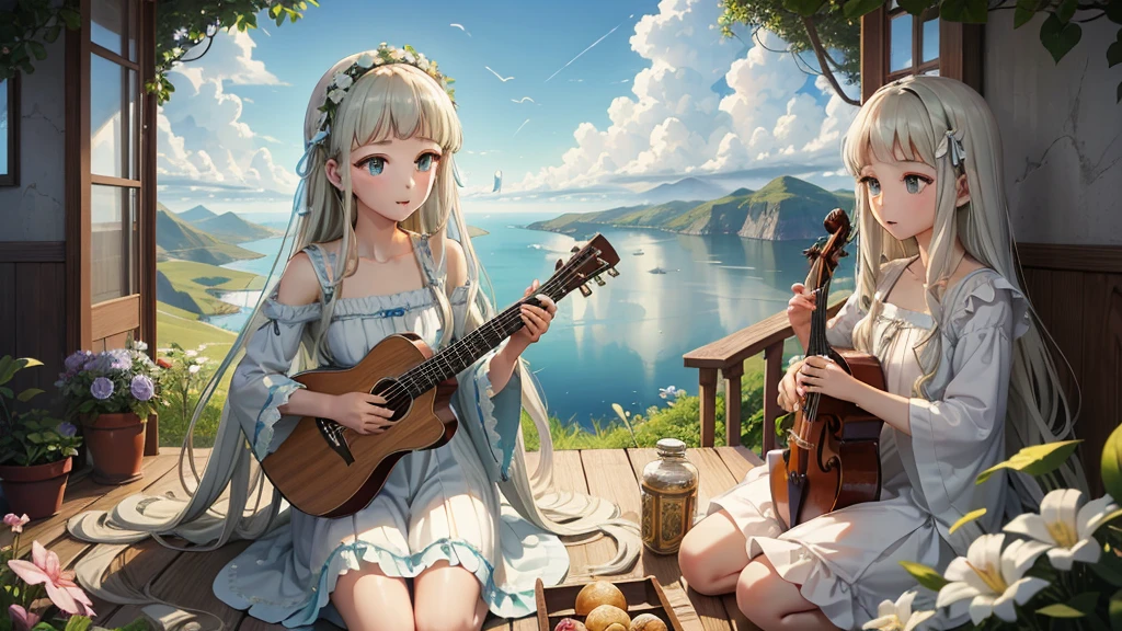 最high quality、high quality、A clear and pretty face、Paradise、Greek God々、Sanctuary Grasslands、Long dress、Full of light、Mysterious、Little angels are playing instruments all around、雲の中にGreek God殿、You can see the sea of clouds、skyline、